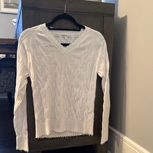 Minnie Rose White Cable Knit V-Neck Sweater